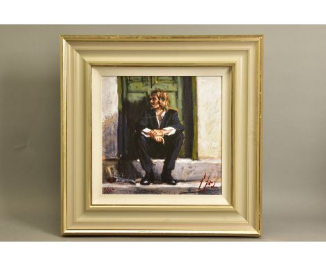 FABIAN PEREZ (ARGENTINA 1967) 'WAITING FOR THE ROMANCE TO COME BACK',  a limited edition print of a male figure sitting on a 