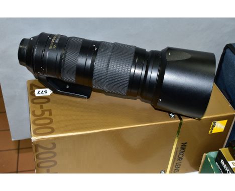 A BOXED NIKON AF-S NIKKOR 200-500mm f5.6 zoom lens, fitted with a Nikon 95mm neutral colour filter, box contains soft case (C