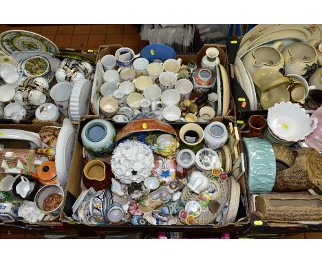 SIX BOXES OF CERAMICS, including tea wares, commemorative mugs, Studio pottery, planters, vases, jugs and ornaments, etc, Poo