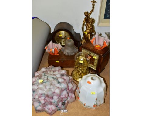 A GROUP OF CLOCKS, LAMP SHADES, ETC, to include a dome topped mantle clock, an Art Deco mantle clock, a quartz clock, an oak 