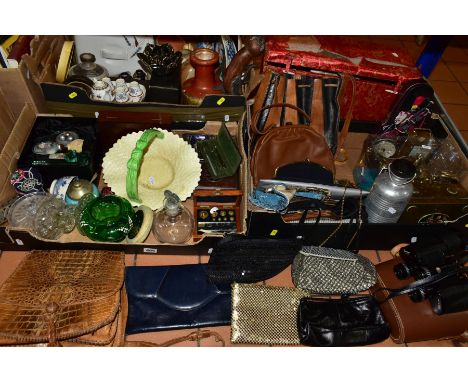 THREE BOXES AND LOOSE CERAMICS, GLASS, HANDBAGS/PURSES, SUNDRY ITEMS, ETC, to include modern Oriental scent bottles, malachit