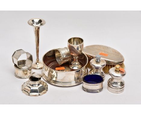 A BOX OF ASSORTED SILVER ITEMS, to include three napkin rings of various designs, all with engraved monograms, with hallmarks