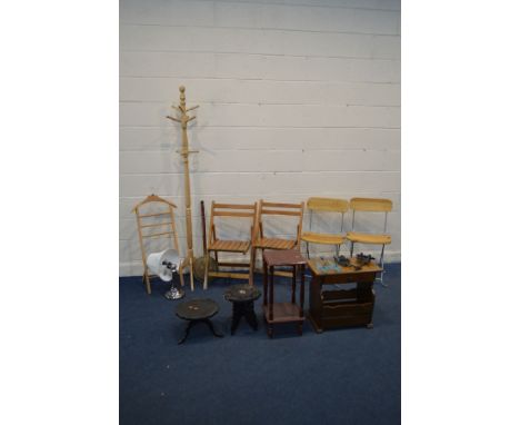 A MODERN BEECH HAT STAND, a pair of pine folding deck chairs, pair of beech and metal folding chairs, chrome table lamp (Sd) 