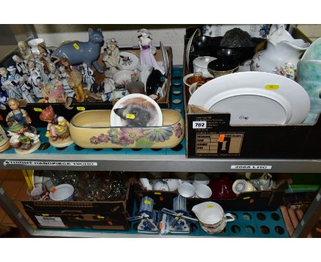 FOUR BOXES AND LOOSE OF CERAMICS, including a Prinknash pottery jug and bulbous vase, three Danbury Mint cabinet plates, Humm