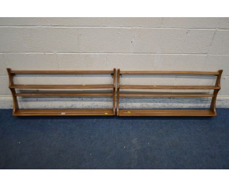 A PAIR OF ERCOL GOLDEN DAWN ELM TWO TIER HANGING PLATE RACKS, width 97cm
