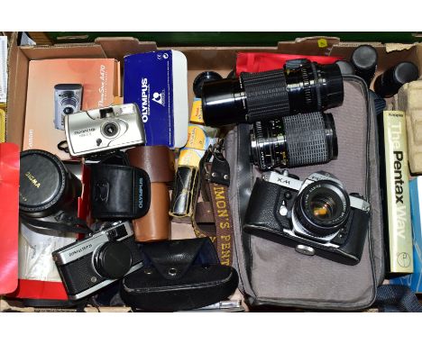 A BOX OF CAMERAS AND ACCESSORIES, to include an ASAHI Pentax KM film SLR fitted with an SMC 55mm f1.8, a Canon Powershot A470