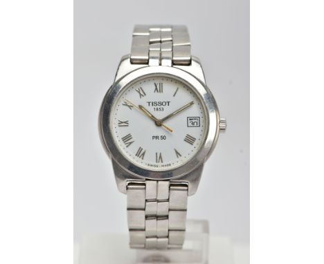 A GENTS 'TISSOT' WRISTWATCH, round white dial signed 'Tissot 1853 PR 50', Roman numerals, date window at the three o'clock po