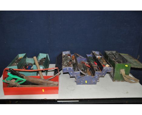 THREE METAL TOOLBOXES AND A TOOL CADDY containing two tenon saws, a floorboard saw, a brace, drill bits, spanners, chisels, t