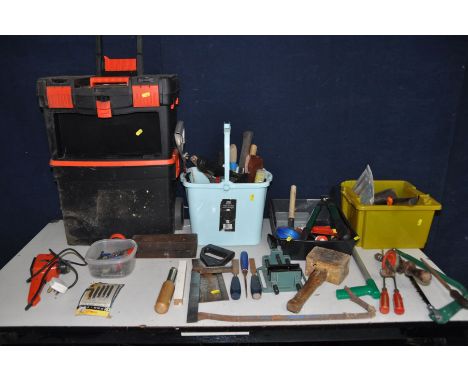 A TWO PART ROLLING PLASTIC TOOLBOX and three trays containing hand tools including mallets, hammers, chisels, a Stanley hand 