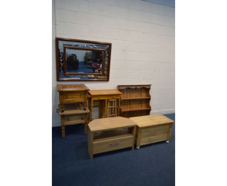 A NEAR PAIR OF HARDWOOD SQUARE COFFEE TABLES,  large hardwood wall mirror, 117cm x 86cm, a small beech gate leg kitchen unit 