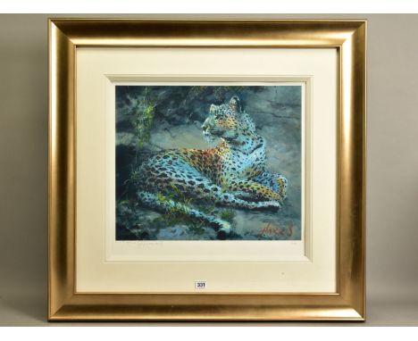 ROLF HARRIS (AUSTRALIAN 1930) 'LEOPARD RECLINING AT DUSK' a limited edition print 52/195, signed to lower margin with certifi
