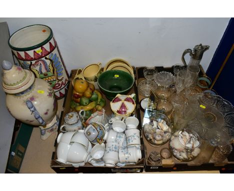 TWO BOXES AND LOOSE CERAMICS AND GLASS, to include three Palissy 'Casual Tableware' tea cups and saucers, Mayfair pottery par