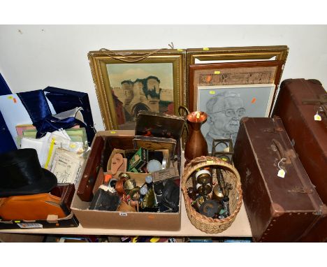 TWO BOXES AND LOOSE MISCELLANEOUS ITEMS, PICTURES etc, to include a Lincoln Bennett black silk top hat, gent's travel set, bo