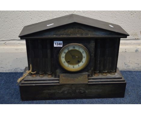A SLATE EIGHT DAY MANTLE CLOCK, width 43cm x height 33cm (winding key)