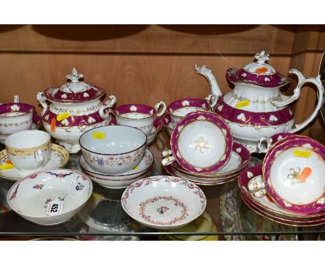 A SMALL QUANTITY OF LATE 18TH CENTURY ENGLISH PORCELAIN SAUCERS, A VICTORIAN PORCELAIN PART TEA SET, ETC, comprising two flor