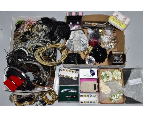 TWO BOXES OF ASSORTED COSTUME JEWELLERY, PURSES, CUFFLINKS etc, to include a box of assorted costume necklaces of various des