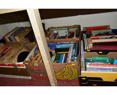 SIX BOXES OF BOOKS AND VINYL RECORDS, to include childrens books, cookery interest, novels, etc, cased vinyl LP's including T