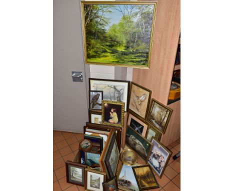 PAINTINGS AND PRINTS to include five oil landscapes, a watercolour of an Owl, pastel of a bird of prey and a mixed media stud