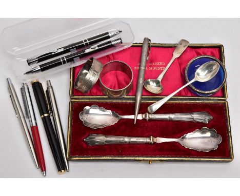 A BOX OF SILVER ITEMS AND PENS, to include a fiddle pattern sauce spoon, with an engraved monogram hallmarked 'John &amp; Hen