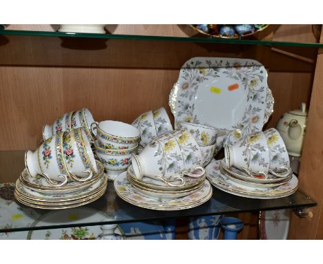 TWO FOLEY/COALPORT BONE CHINA PART TEA SETS, the Foley Somerset pattern comprises nine cups, eight saucers, six tea plates an