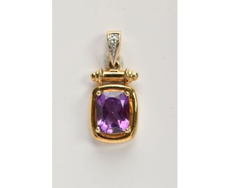 A 9CT GOLD AMETHYST AND DIAMOND PENDANT, designed with a claw set, rectangular cut amethyst, plain polished surround with a b