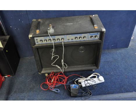 A VINTAGE LONDONER L100A AMPLIFIER with two HH 12in drivers, reverb, guitar and keyboard channels, a single foot switch, a Ca