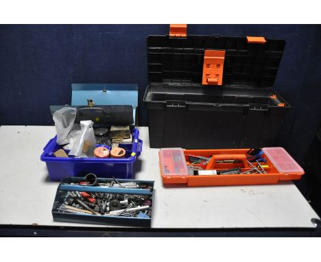 A PLASTIC TOOLBOX AND A METAL TOOLBOX containing tools including a Robin Kew Snap2804, a set of Jaws Rotary Pliers, threading