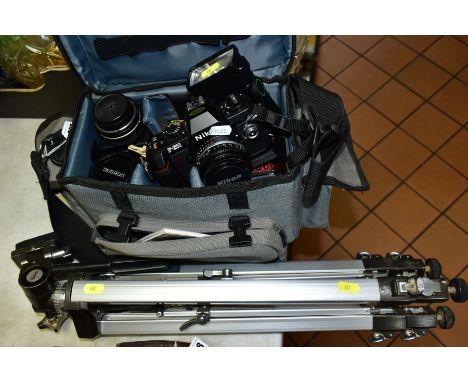 PHOTOGRAPHIC EQUIPMENT, comprising a Nikon F301 SLR film camera, Nikkor 50mm f1:8 lens, Nikon 28mm f2:8 E series lens, Tamron