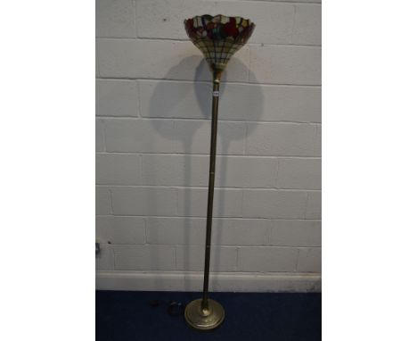 A TIFFANY STYLE STANDARD LAMP with an unlighted shade, height 182cm