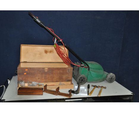 A QUALCAST EASI TRAK 320 ELECTRIC LAWN MOWER (PAT fail due to joined cable) and a vintage wooden toolbox containing hand tool