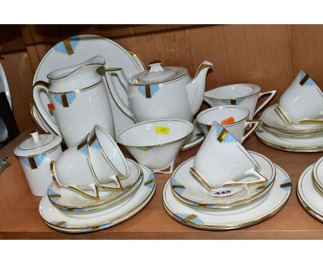 A ROYAL DOULTON DUVAL PATTERN ART DECO TEA SET, pattern no H4369, comprising two bread and butter plates, a tea pot on stand,