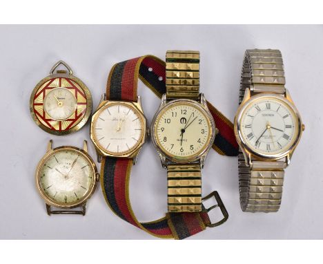 FOUR GENTS WRISTWATCHES AND A FOB WATCH, to include a 'Louifrey Antimagnetic' round champagne dial, baton markers, fitted wit
