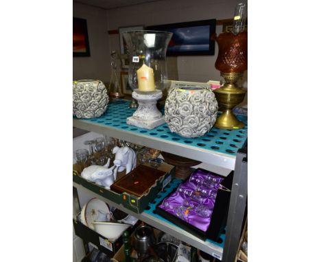 FOUR BOXES AND LOOSE CERAMICS, GLASSWARE, TREEN, KITCHENALIA, SCALES, OIL LAMP, etc, including a boxed set of six Edinburgh C