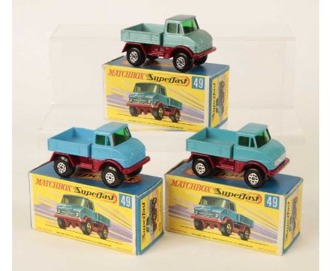 Matchbox Superfast 3 x 49a Mercedes Unimog - all are dark green windows, black axle clips - (1) blue body (regular wheel shad