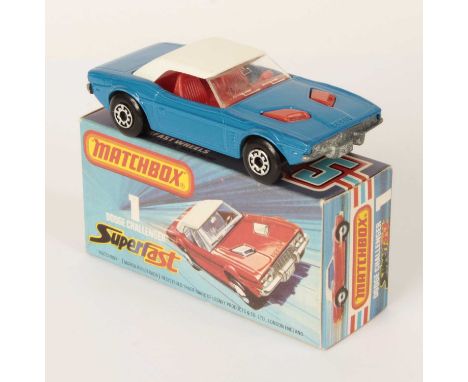 Matchbox Superfast 1c Dodge Challenger - RARE DARK BLUE BODY with white plastic roof, clear windows, red interior, bare metal