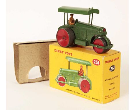 Dinky Toys 251 Aveling Barford Diesel Roller - unusual two-tone green body &amp; canopy, dark tan driver, red metal rollers -