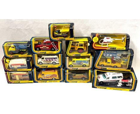 Corgi Toys Group of 13 x Mid 1970's to Early 1980's Issue Models - (1) 421 Land-Rover "Forest Fire Warden" (ladder broken); (