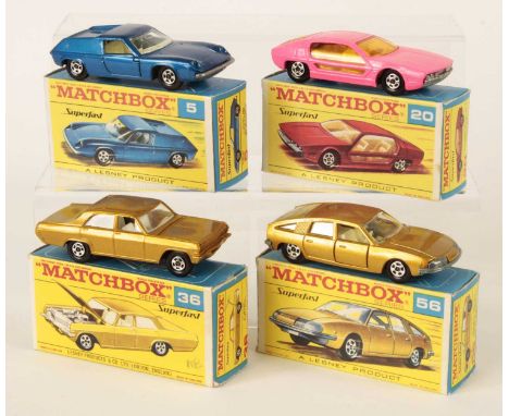 Matchbox Superfast Group of 4 x 1969/1970 Issue Cars IN RARE TRANSITIONAL TYPE F BOXES - all are low arches - (1) 5a Lotus Eu