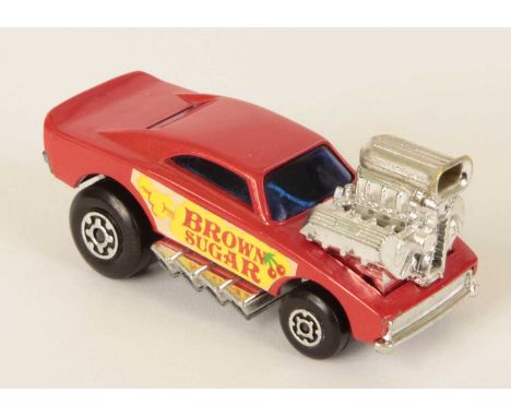 Matchbox Superfast 26b Big Banger Dragster - red body WITH RED CHERRY "BROWN SUGAR" LABELS, dark blue windows, bare metal bas