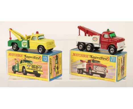 Matchbox Superfast Pair of Commercial Vehicles - (1) 13a Dodge BP Wreck Truck - bright red palstic hook, large diameter 5-spo