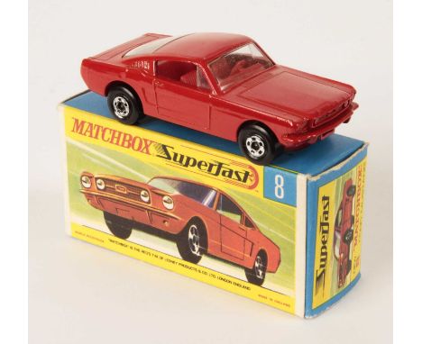 Matchbox Superfast 8a Ford Mustang - RARE RED BODY WITH RED INTERIOR, clear windows, gloss black base, 5-spoke wide wheels - 
