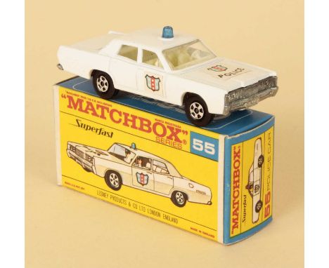 Matchbox Superfast 55a Mercury Park Lane Police Car - white body with hood &amp; door labels, blue roof light, ivory interior
