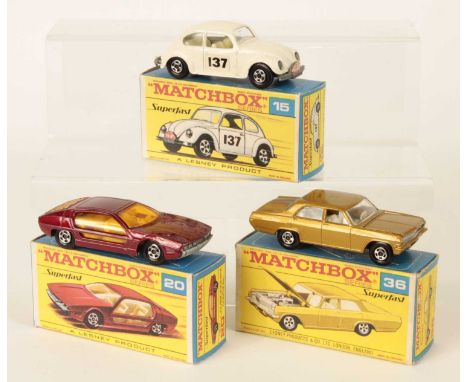 Matchbox Superfast Group of Cars in Transitional Type F Boxes - (1) 15a Volkswagen Beetle Rally Car - off white body with rac