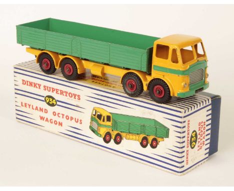 Dinky 934 Leyland Octopus Diesel Wagon - yellow cab and chassis, mid-green dropside body which is riveted into position, gree