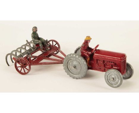Matchbox Early Moko Lesney Toys - Moko Tractor &amp; Farm Rake - red tractor with bare metal wheels, complete with driver; re