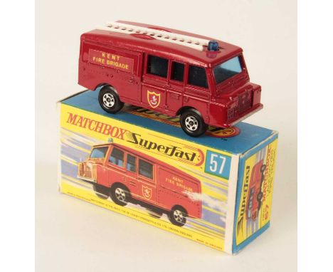 Matchbox Superfast 57a Land Rover Fire Truck - BRIGHTER SHADE RED BODY with silver trim to front bumper, square-cut Kent Fire