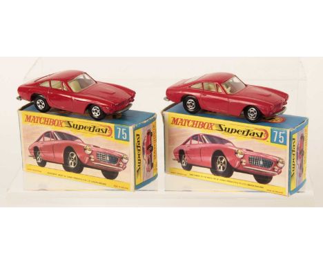 Matchbox Superfast 2 x 75a Ferrari Berlinetta - both are without silver trim, ivory interior, bare metal base - (1) matt red 