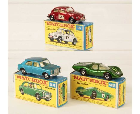 Matchbox Superfast Group of 3 x 1969 Issue Cars in EARLY TRANSITIONAL TYPE F BOXES - all are clear windows, ivory interior, b