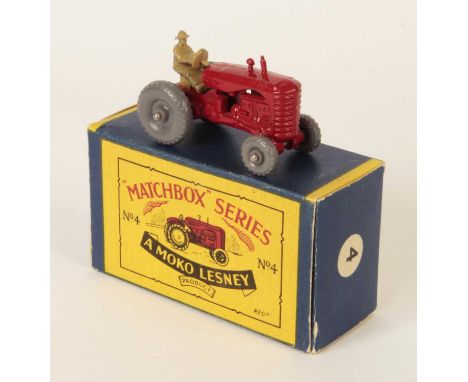 Matchbox Regular Wheels 4b Massey Harris Tractor - Stannard Code 6 - red body, tan Type A cast open driver, grey plastic whee