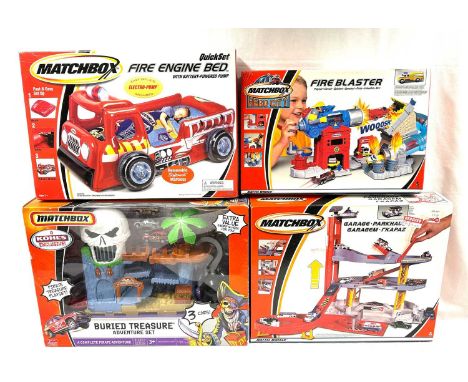 Large selection of Matchbox modern issue Play-sets including Fire Blaster, Fire Engine Bed, Car &amp; Truck Transporter sets,